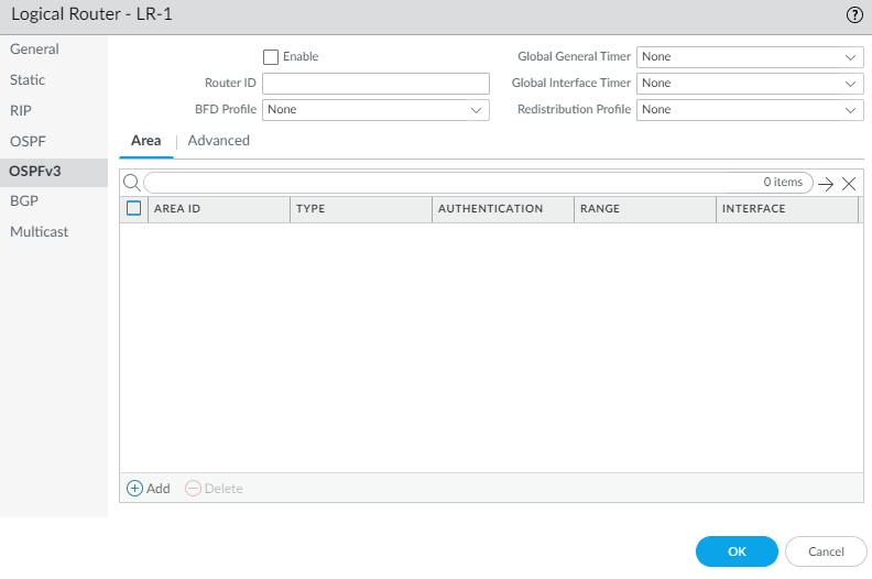 OSPFv3 General configuration tab.